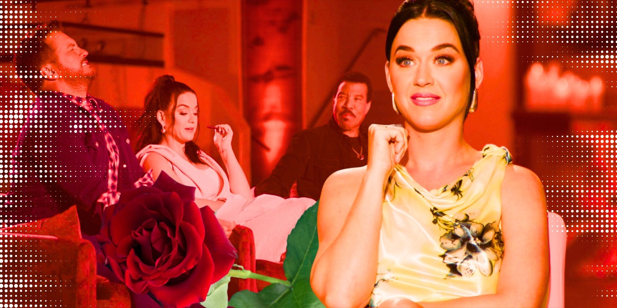 American Idol's Katy Perry, with judges Katy, Lionel Richie and Luke Bryan sitting next to each other in the background, with a red rose underneath them