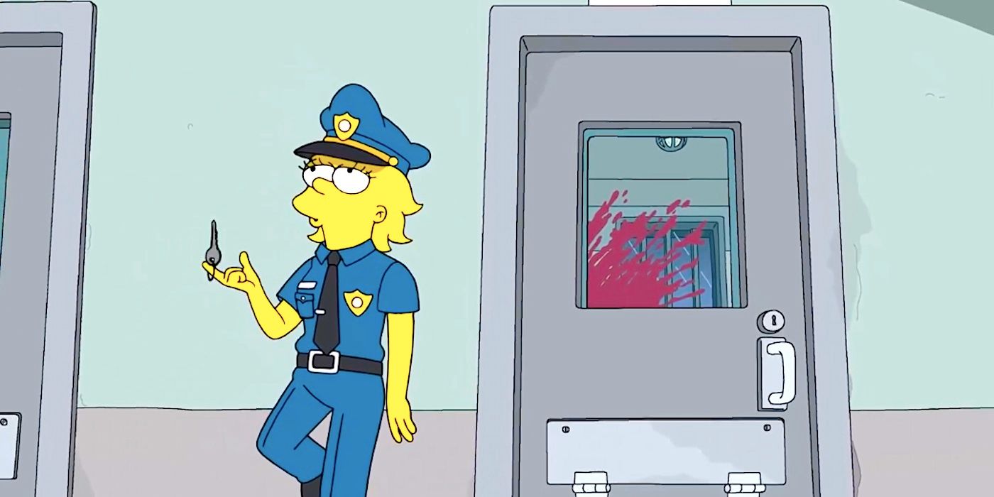 An adult Maggie Simpson nonchalantly swings her keys beside a bloodied window in The Simpsons season 35 Treehouse of Horror XXXIV