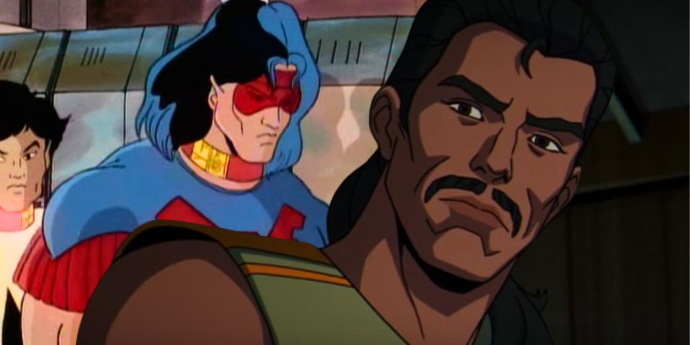 An image of Forge looking sideways in X-Men '97 imposed over an image of Thunderbird looking gloomy in X-Men The Animated Series