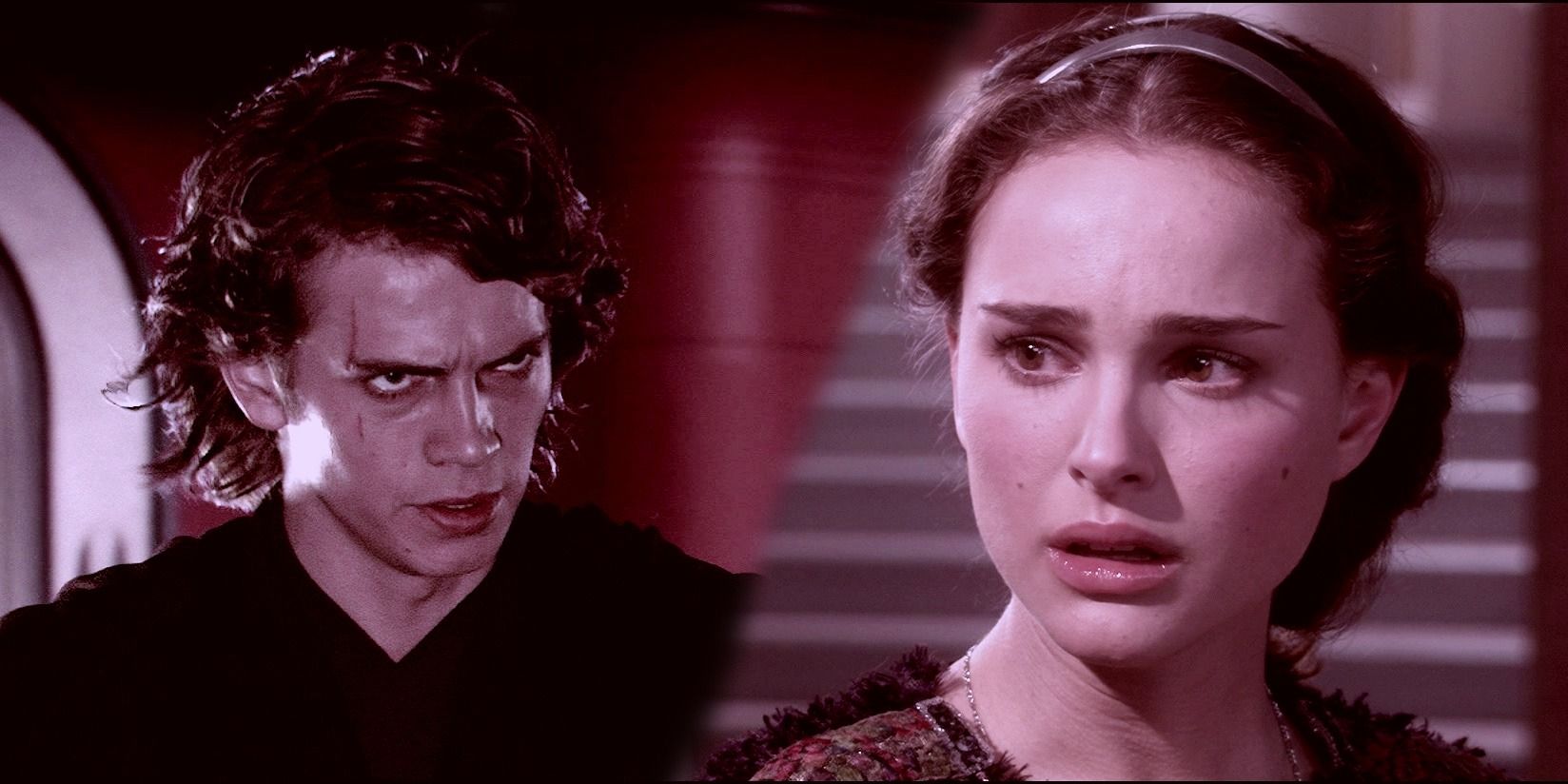 Anakin from Revenge of the Sith looking angry to the left and Padme from Revenge of the Sith looking upset to the right
