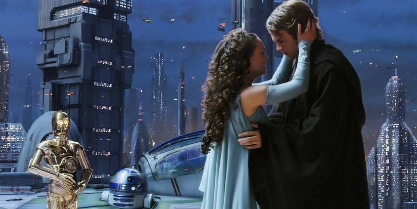 Anakin Skywalker holding Padme lovingly in Revenge of the Sith with C-3PO and R2-D2 looking on