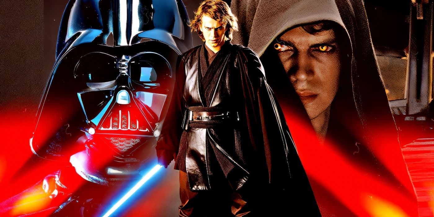 Anakin Skywalker from Revenge of the Sith wielding his blue lightsaber in the middle with Darth Vader to the left and Anakin with Sith eyes to the right in a combined image
