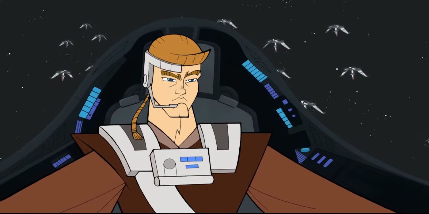 Anakin Skywalker pilotando seu Jedi Starfighter nas Guerras Clônicas.