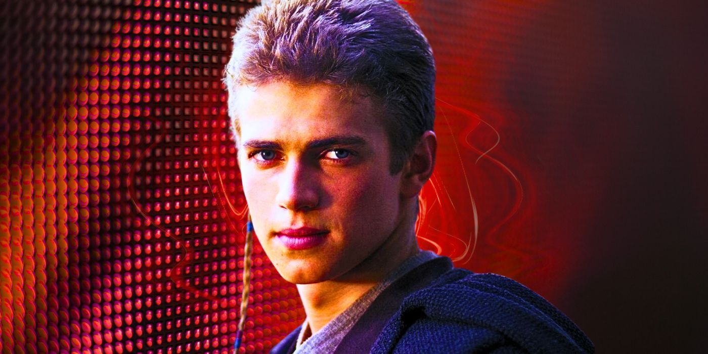 Anakin Skywalker de Hayden Christensen com sua trança Padawan, sobre um fundo vermelho editado