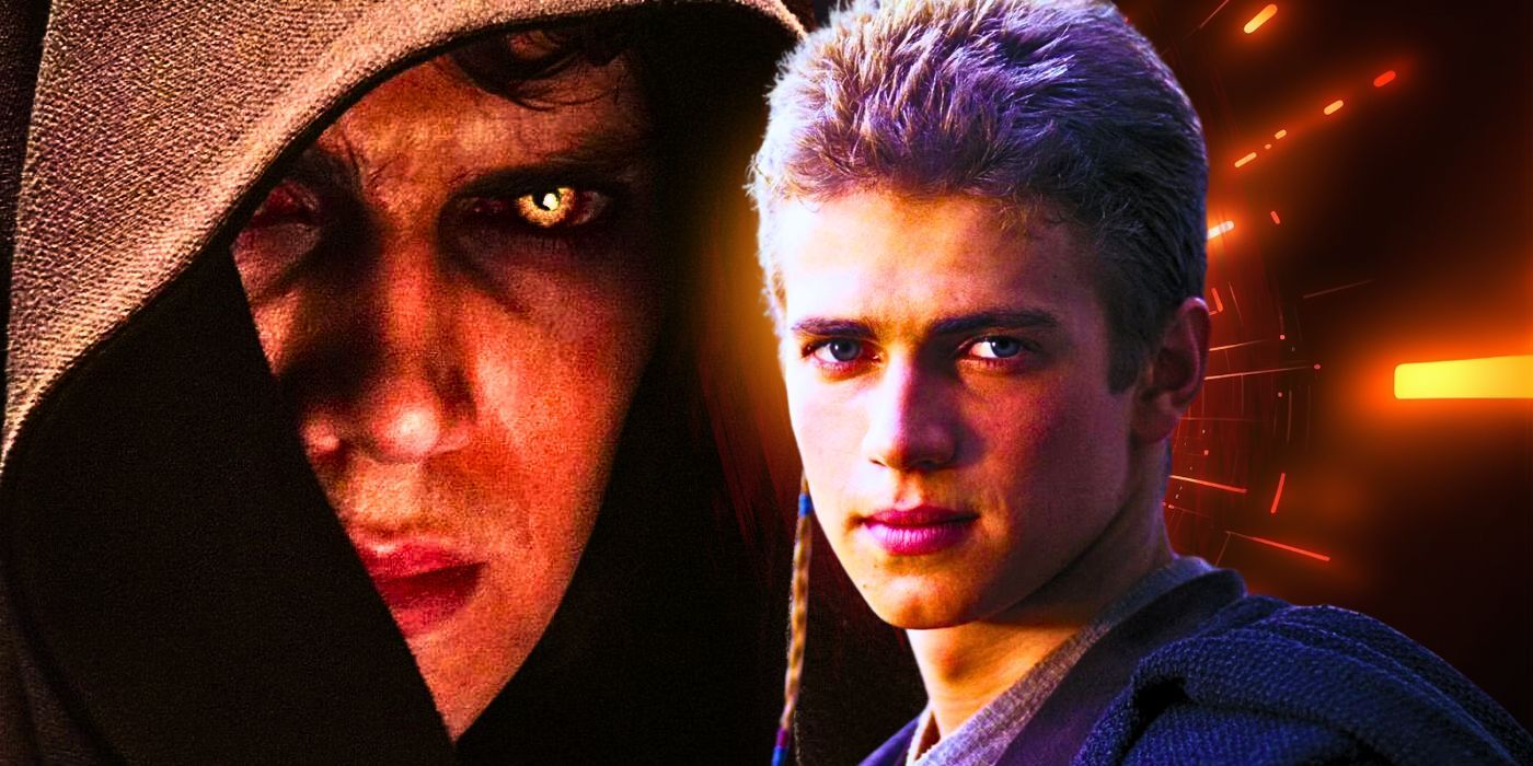 Anakin Skywalker de Hayden Christensen em Ataque dos Clones, editado sobre ele mesmo em A Vingança dos Sith com olhos Sith
