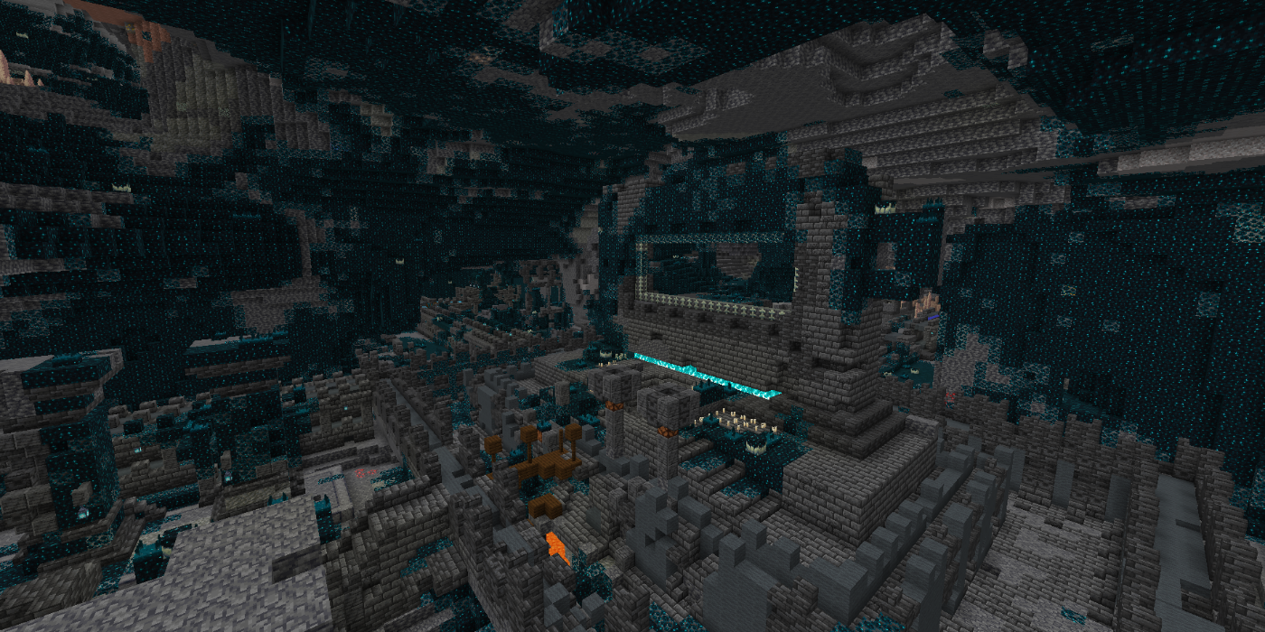 Estrutura subterrânea da Cidade Antiga, abaixo do ponto de desova no Minecraft.