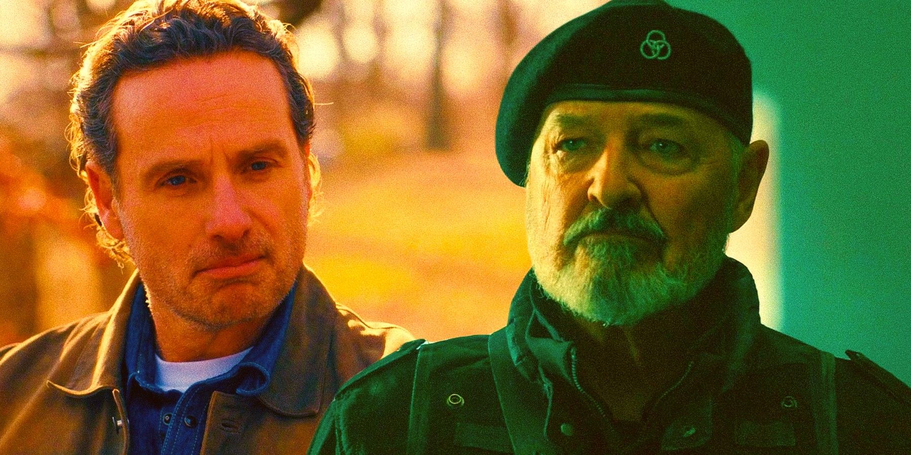 Andrew Lincoln as Rick Grimes in a flashback next to Terry O'Quinn as Major General Beale looking stern in The Walking Dead: The Ones Who Live