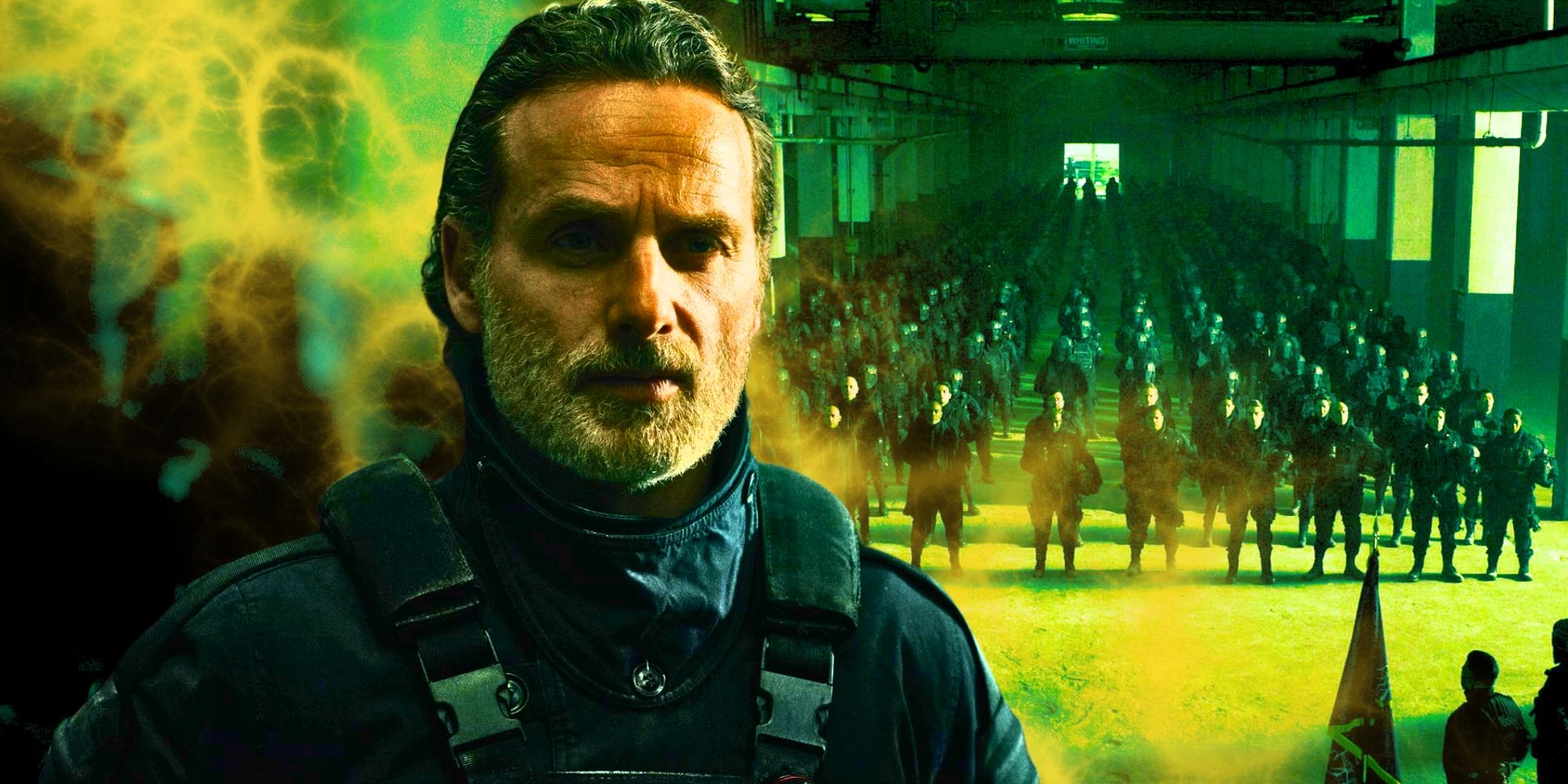 Andrew Lincoln as Rick Grimes next to an army of CRM soldiers in The Ones Who Live