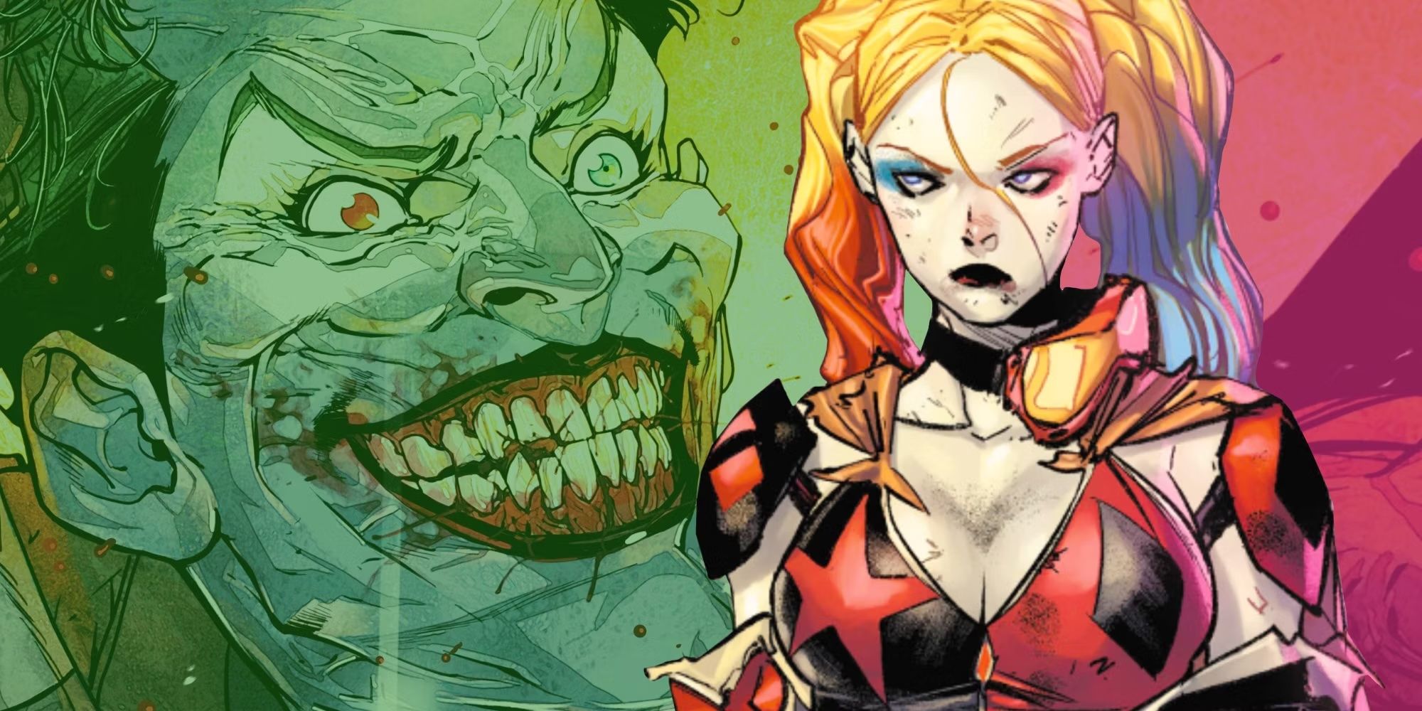 Comic book art: Angry Harley Quinn and Joker Grinning