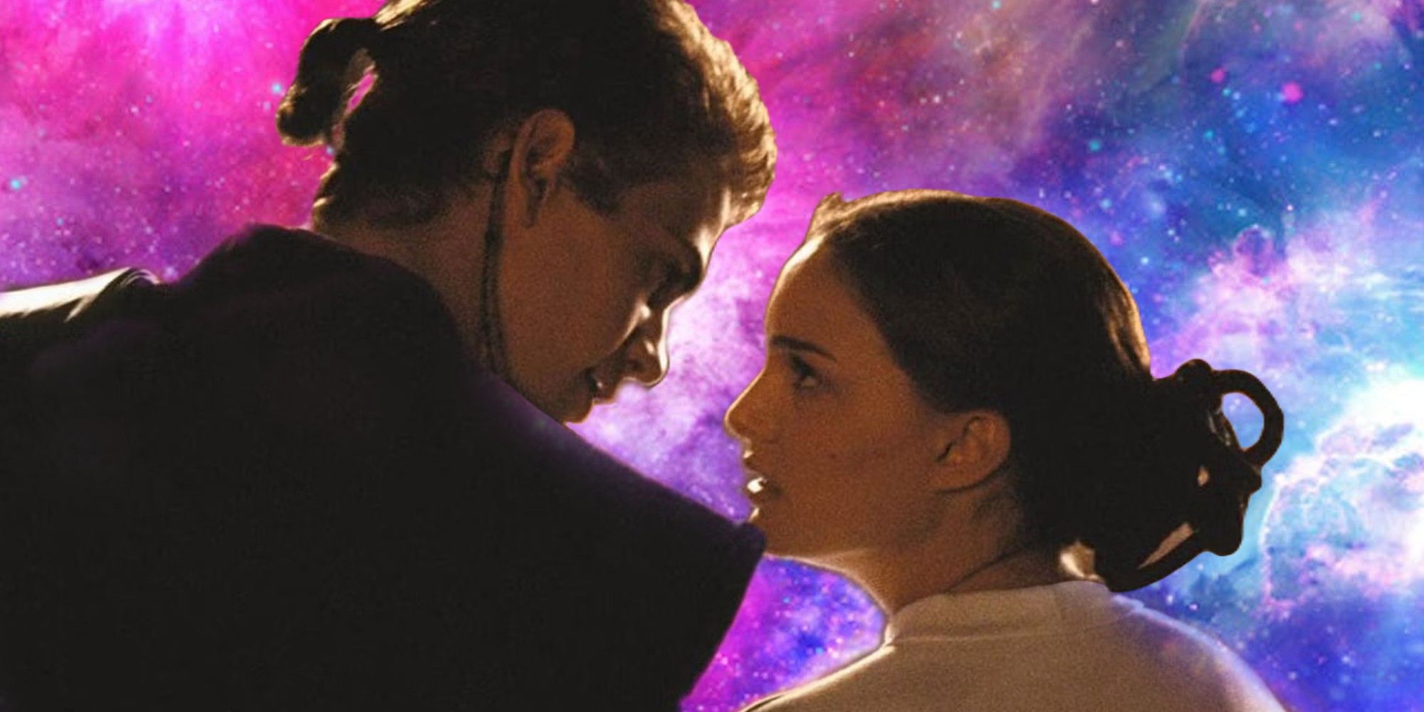 Anakin Skywalker (Hayden Christensen) and Padme Amidala (Natalie Portman) stare passionately into each other's eyes against a pink and blue space background in Star Wars: Episode II - Attack of the Clones