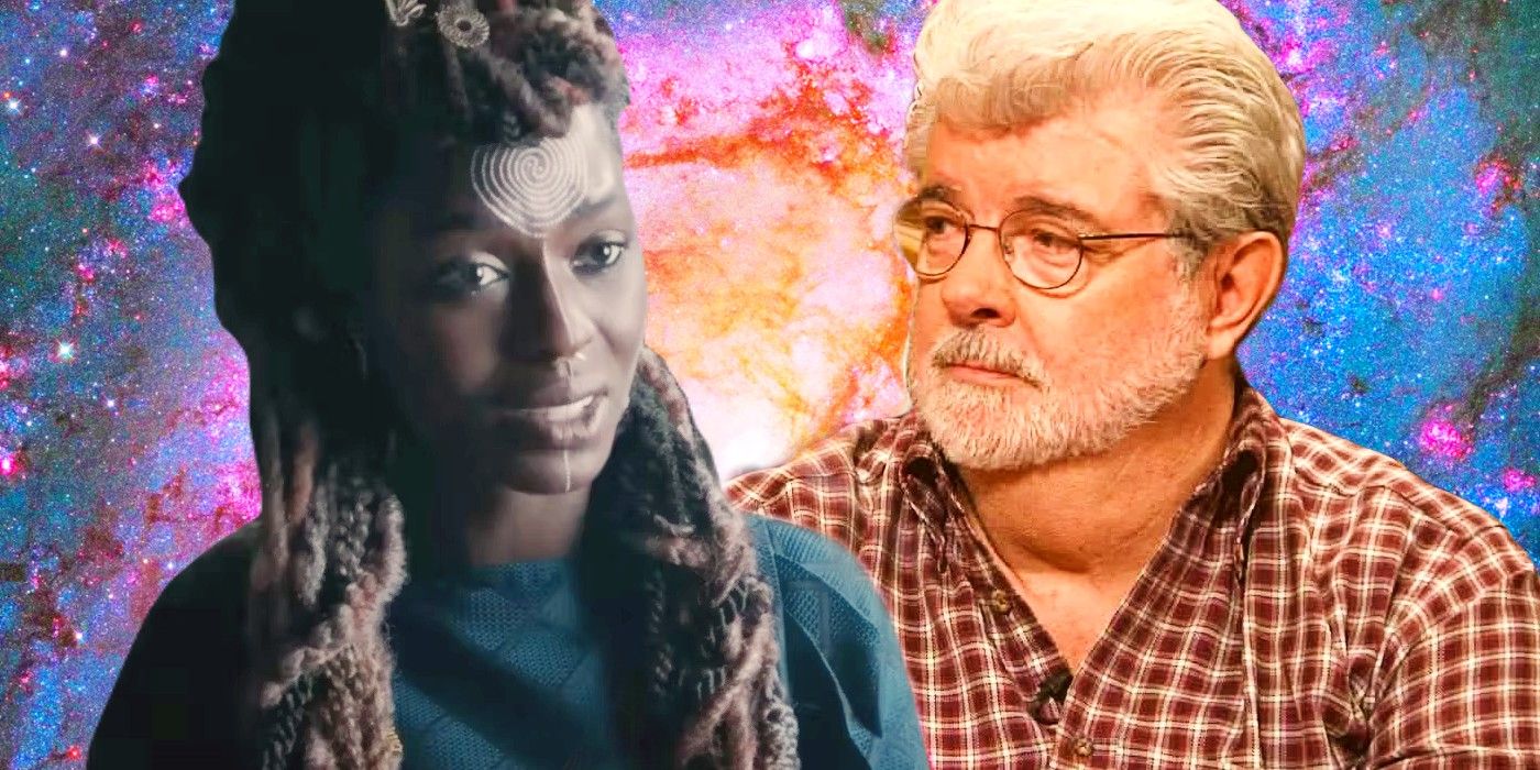 Mother Aniseya (Jodie Turner-Smith) in Star Wars: The Acolyte next to George Lucas, set against a purple, orange, and blue space background