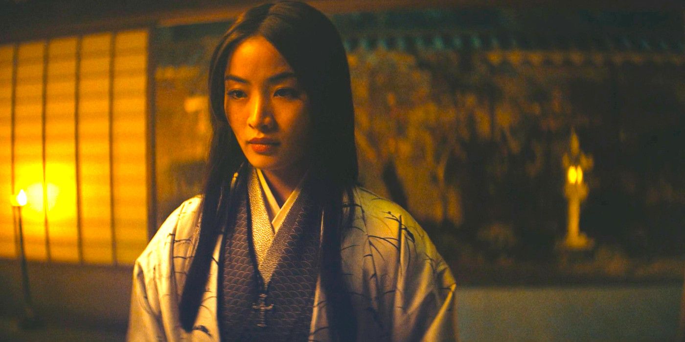 Anna Sawai gazing forward without expression in a scene from Shogun.