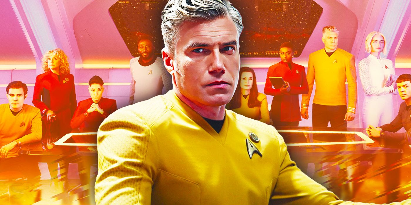 Anson Mount proud as Captain Pike with the cast of Strange New Worlds behind him.