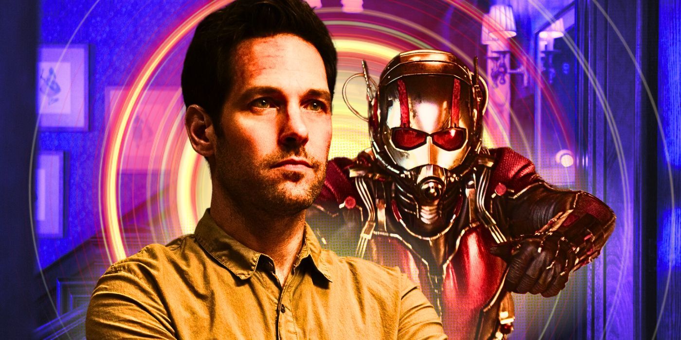 Paul Rudd as Scott Lang and Ant-Man in front of purple background