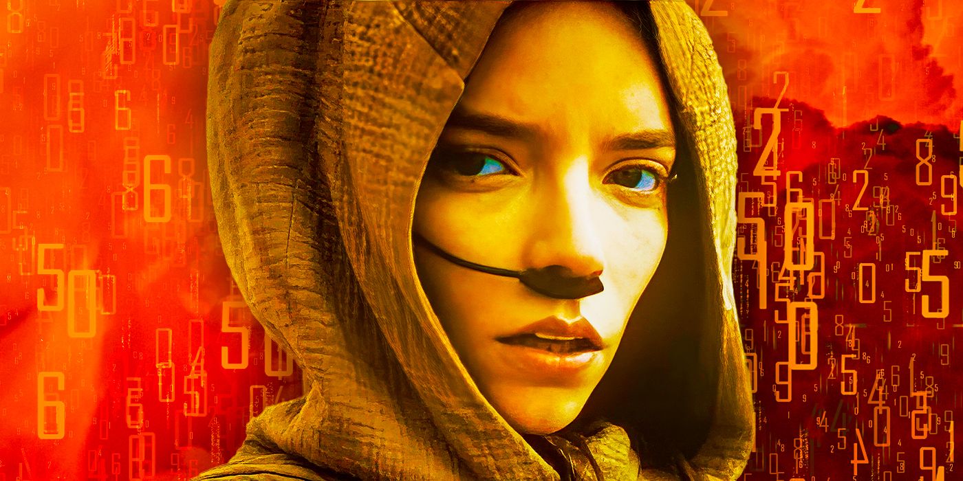 Anya Taylor-Joy as Alia Atreides wearing a hood and nose tube with blue eyes set against a red background with floating numbers surrounding her in Dune: Part Two