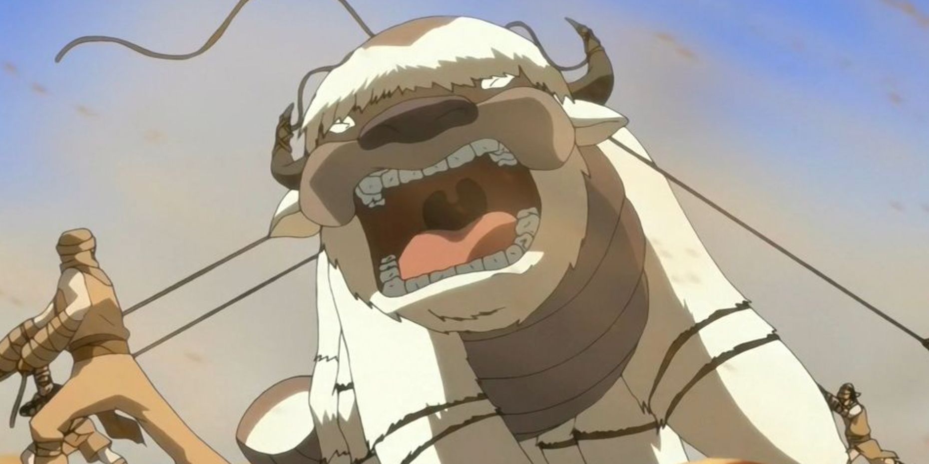 Appa being captured by several people in the desert with ropes in the animated Avatar The Last Airbender episode Appa’s Lost Days