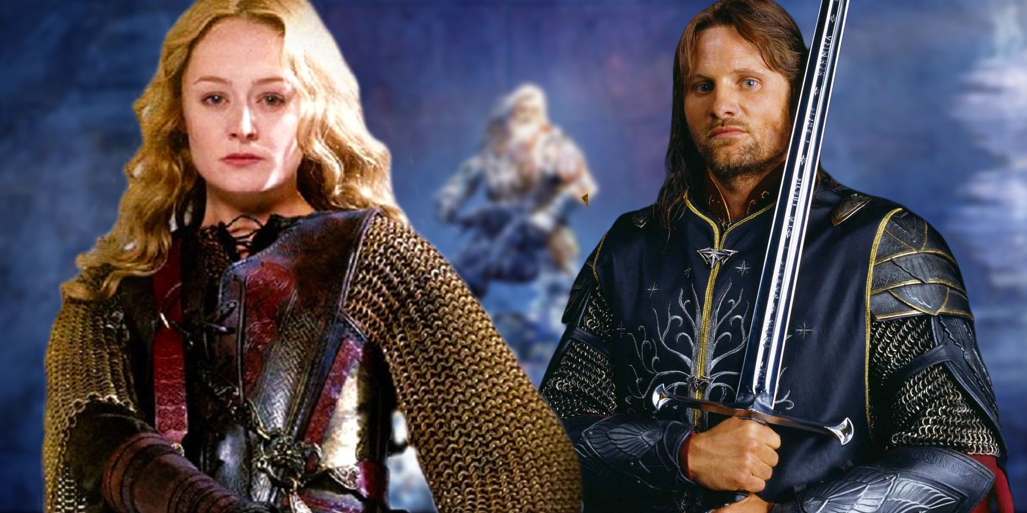 Viggo Mortensen as Aragorn and Miranda Otto Eowyn from Lord of the Rings either side of blurred artwork for the War of the Rohirrim