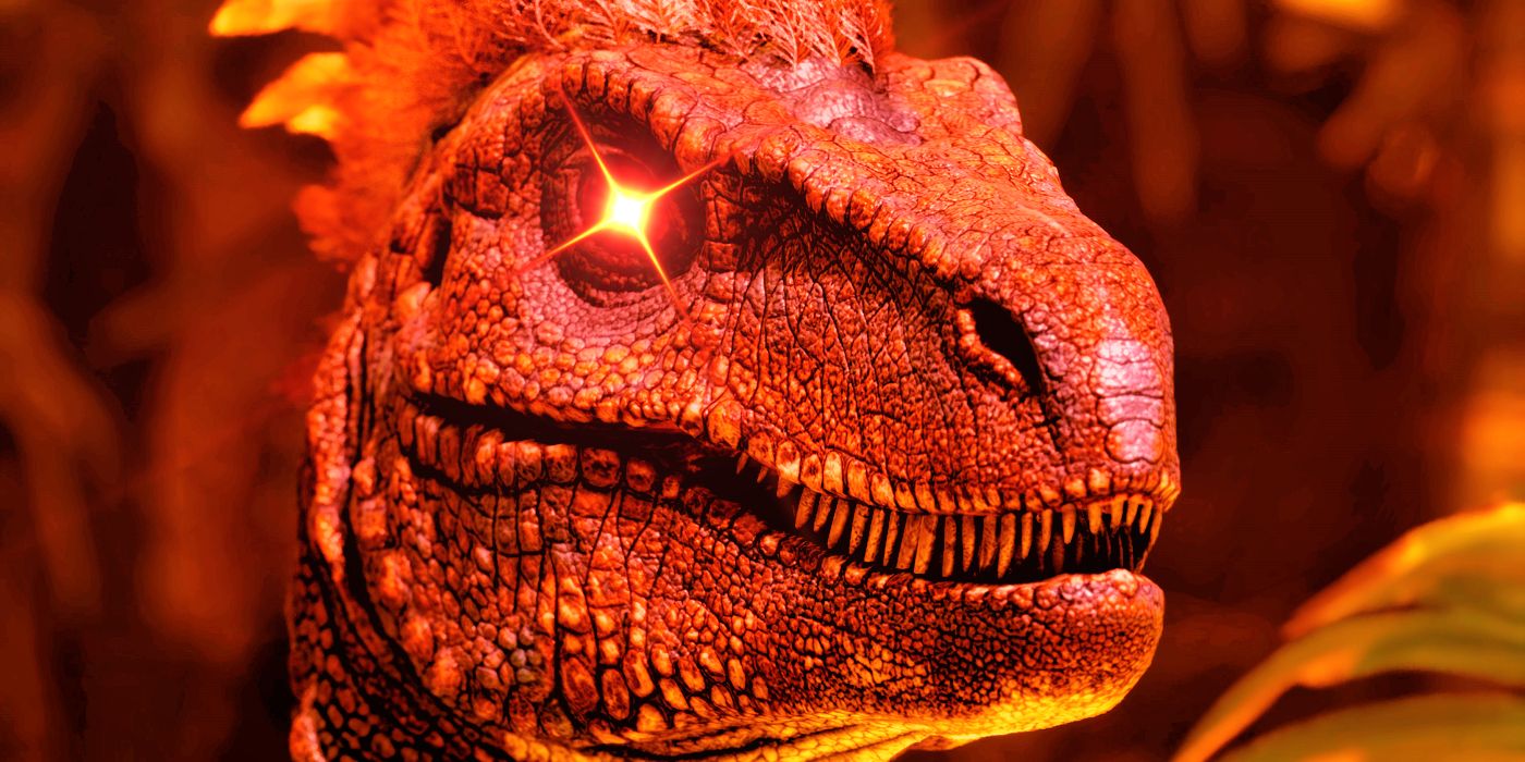 A dinosaur from Ark Survival Ascended with a red eye.