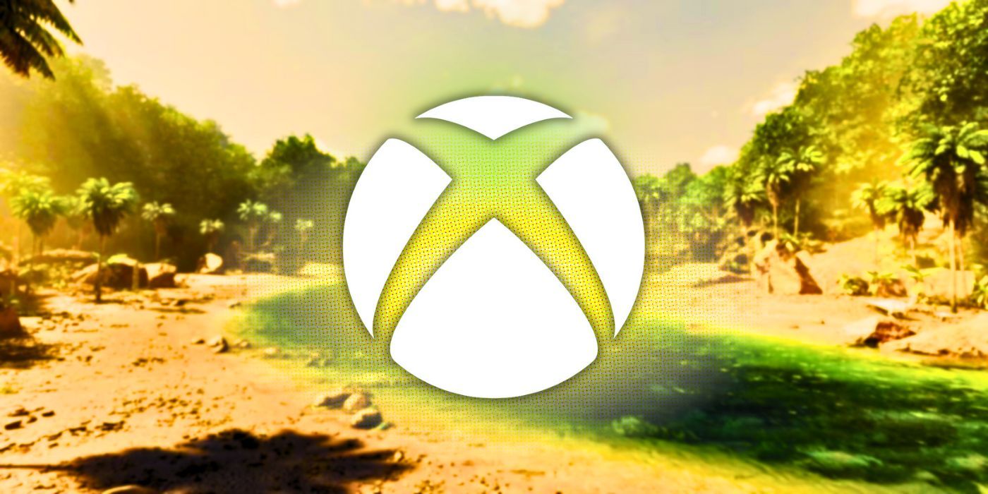 Um logotipo do Xbox sobreposto a uma paisagem de Ark: Survival Ascended.