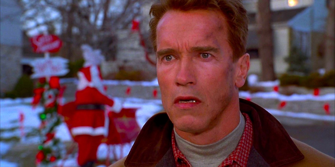 Arnold Schwarzenegger looks puzzled in a scene from Jingle All the Way