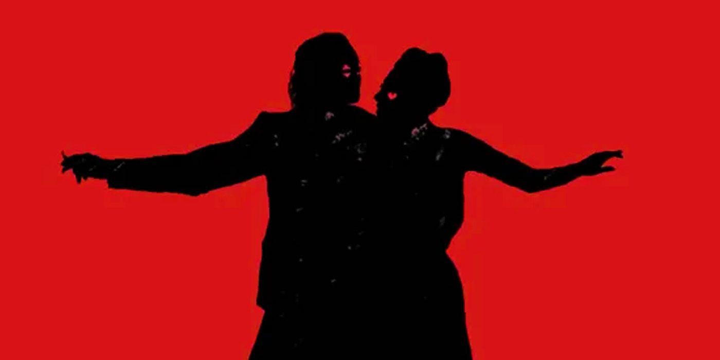 Arthur Fleck and Harley Quinn silhouettes dancing on a red background