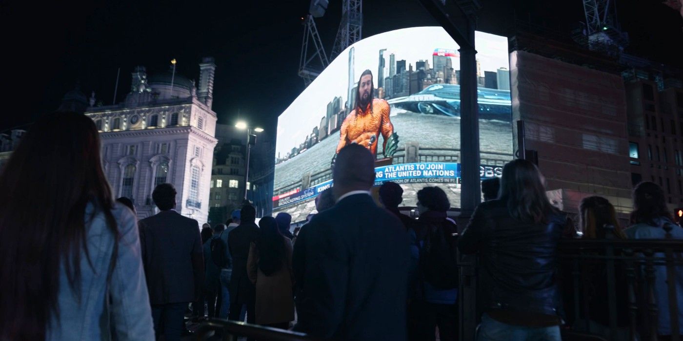 Arthur's speech appears at London's Piccadilly Circus at the end of Aquaman and the Lost Kingdom