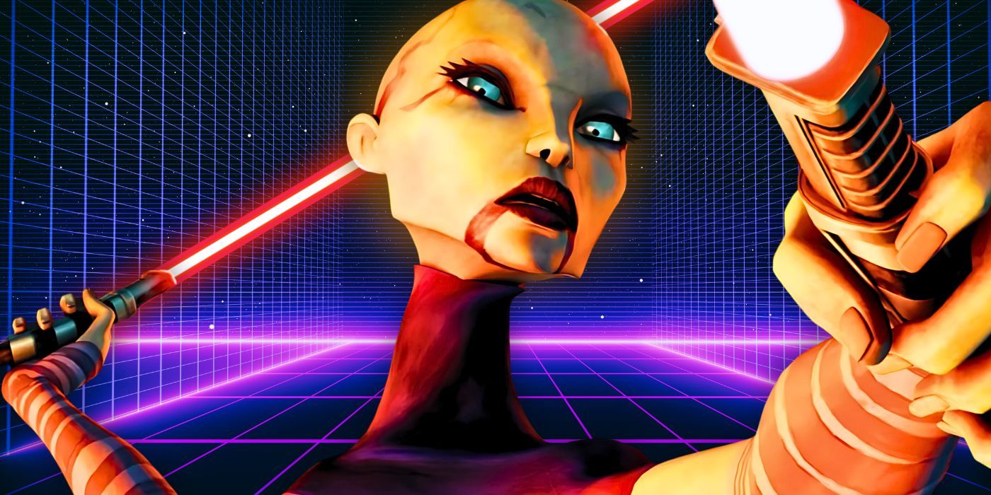 Asajj Ventress wields her two red lightsabers in Star Wars: The Clone Wars over an edited background