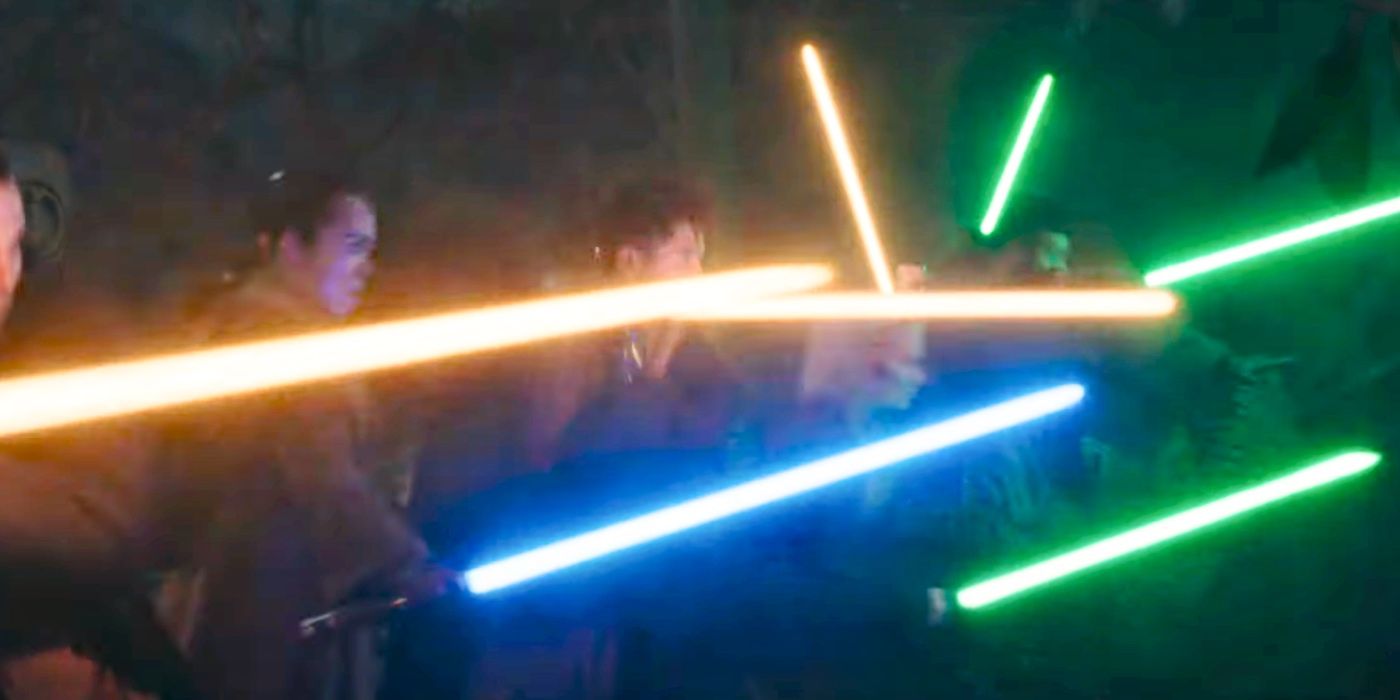 Jedi da Alta República montado com sabres de luz em ignição no trailer do Acólito