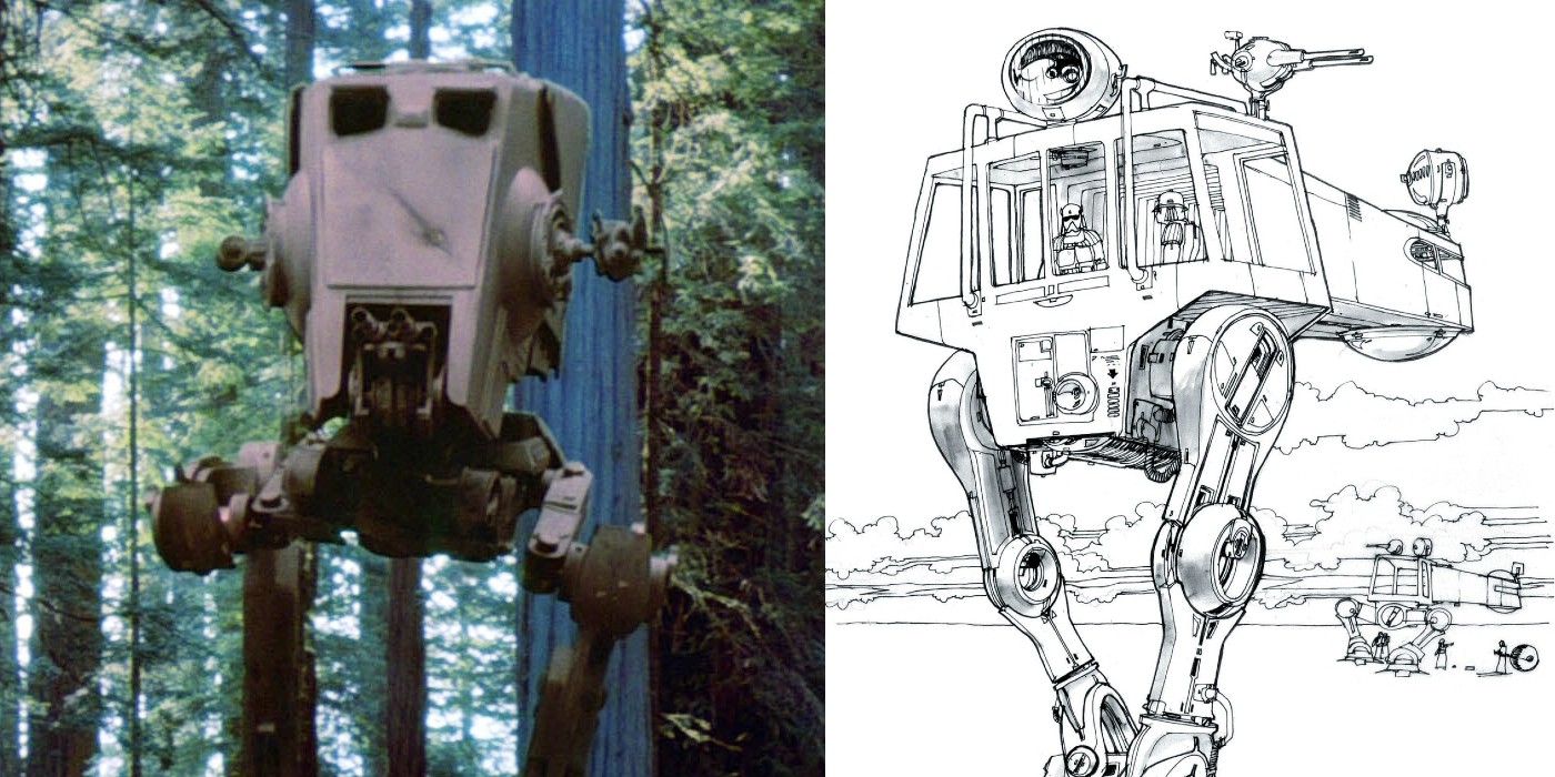 An Imperial AT-ST in Return of the Jedi and the original concept art for it