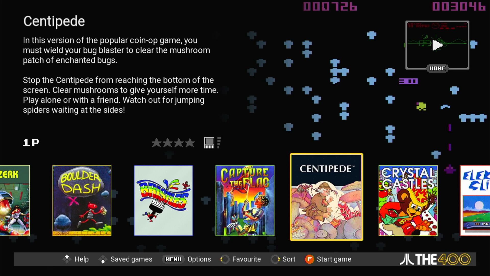 Centipede displayed in the game library UI of the Atari 400 Mini.