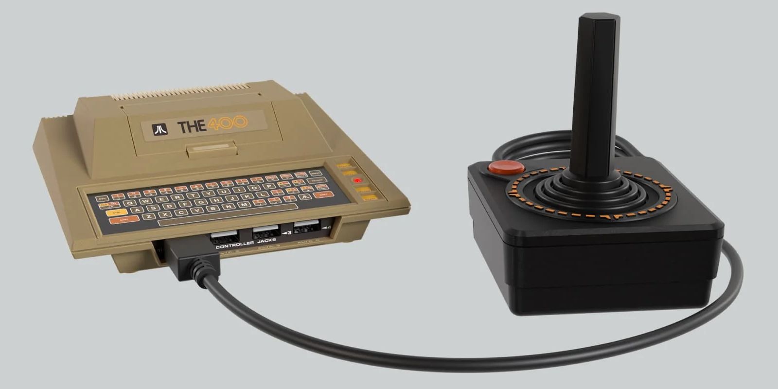 Official Atari 400 Mini product image showing the mini console and included joystick.