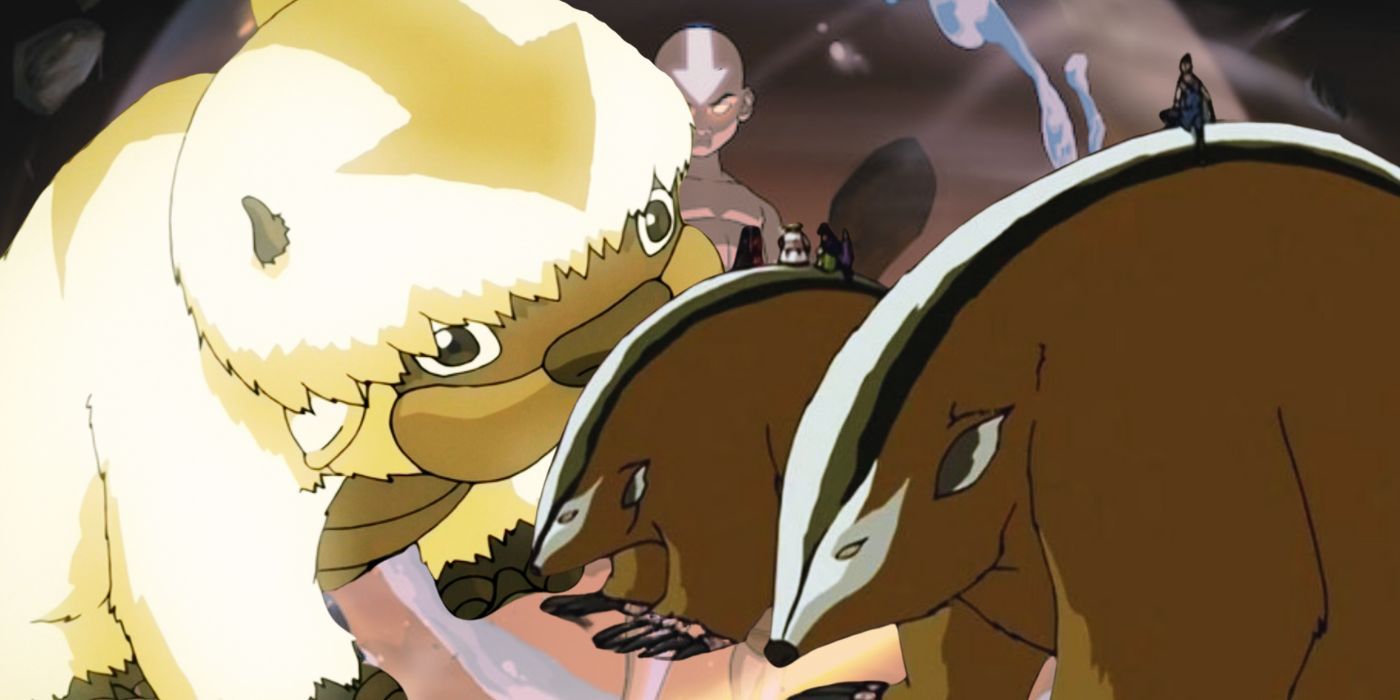 A blended image features Aang in the Avatar state in the background with sky bison and badgermoles in the foreground from Avatar The Last Airbender the animated series