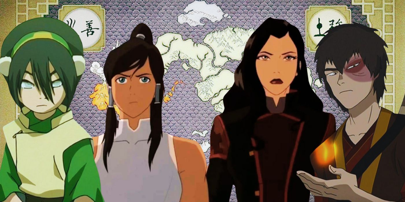 A composite image features the map of the Avatar world in the background with the characters of Toph, Korra, Asami, and Zuko in the foreground