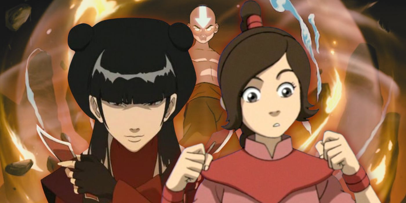 A custom image faetures Mai and Ty Lee over Aang in the Avatar state in the animated Avatar The Last Airbender series