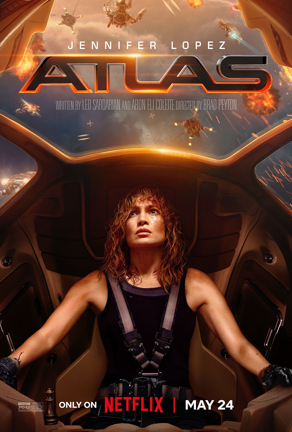 Pôster do filme Atlas mostrando Jennifer Lopez olhando para o céu pilotando uma nave espacial