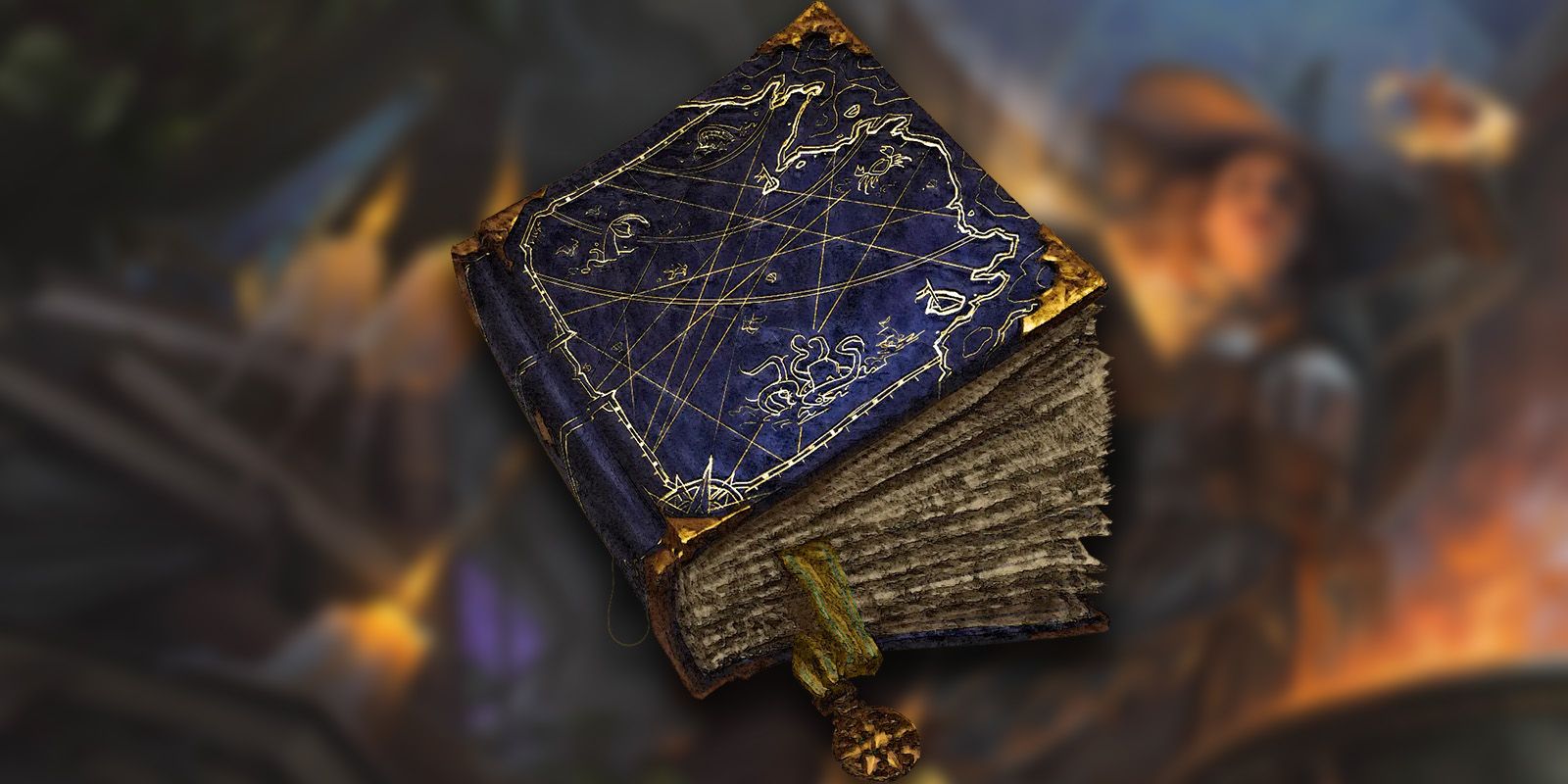 The blue, gold cornered tome Atlas of Endless Horizons in D&D.