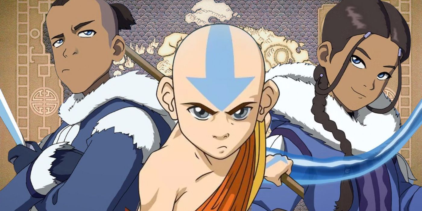 Sokka, Aang and Katara over a map of the Elemental Nations in Avatar: The Last Airbender