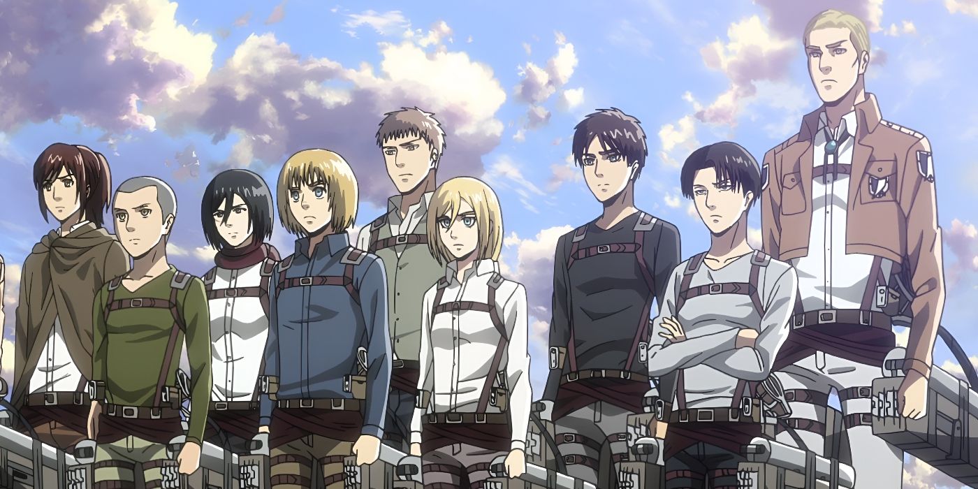 Special Operations Squad and Commander Erwin Smith stand atop the Wall in the Orvud District in Attack on Titan.