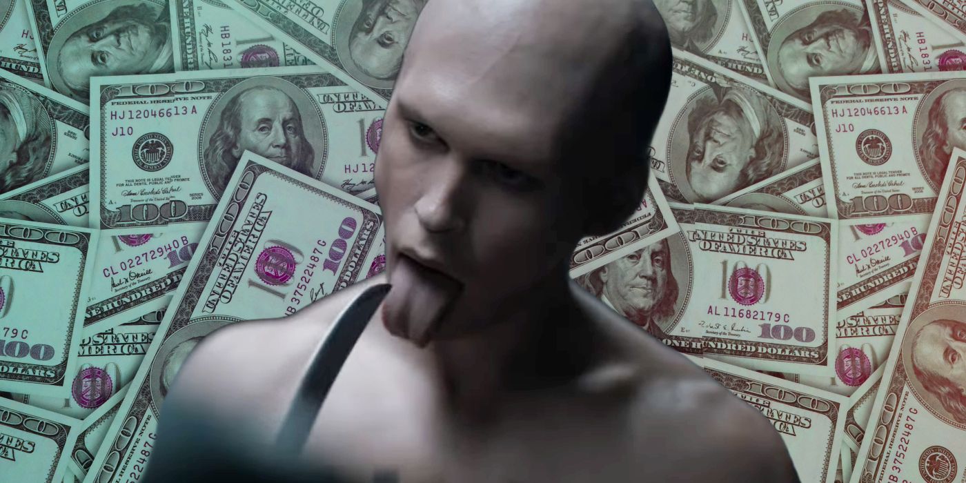Austin Butler as Feyd-Rautha Licking a Knife in Dune 2 with Money Behind Him