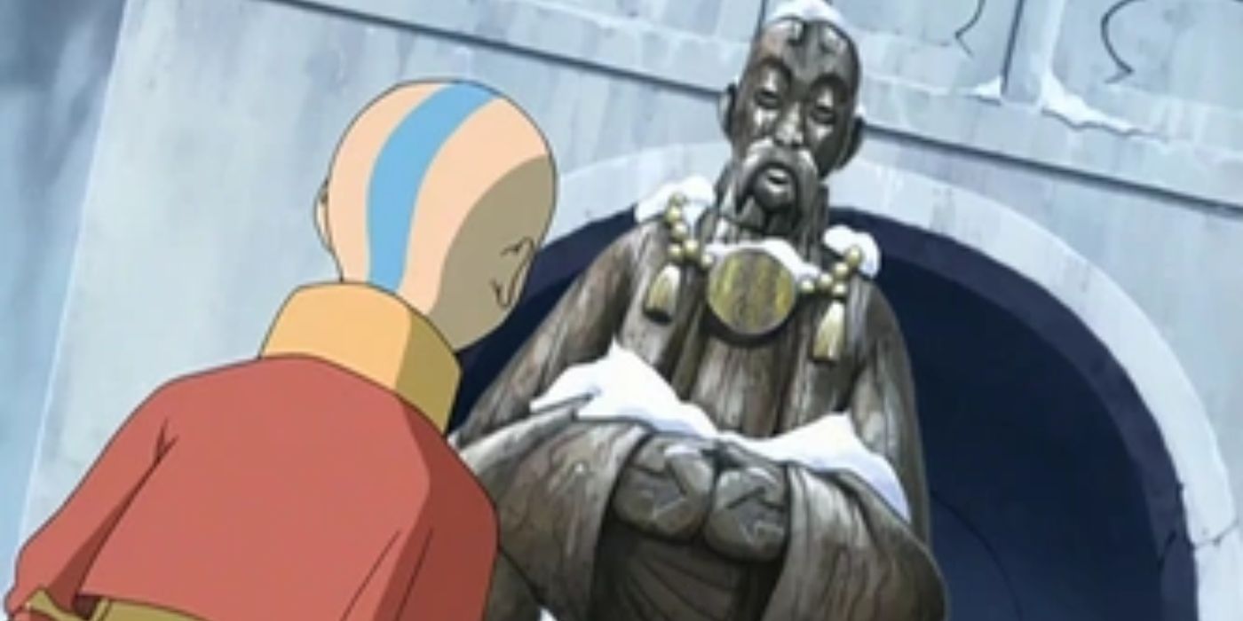 Aang looking at a statue of Monk Gyatso in the Southern air temple in Avatar The Last Airbender