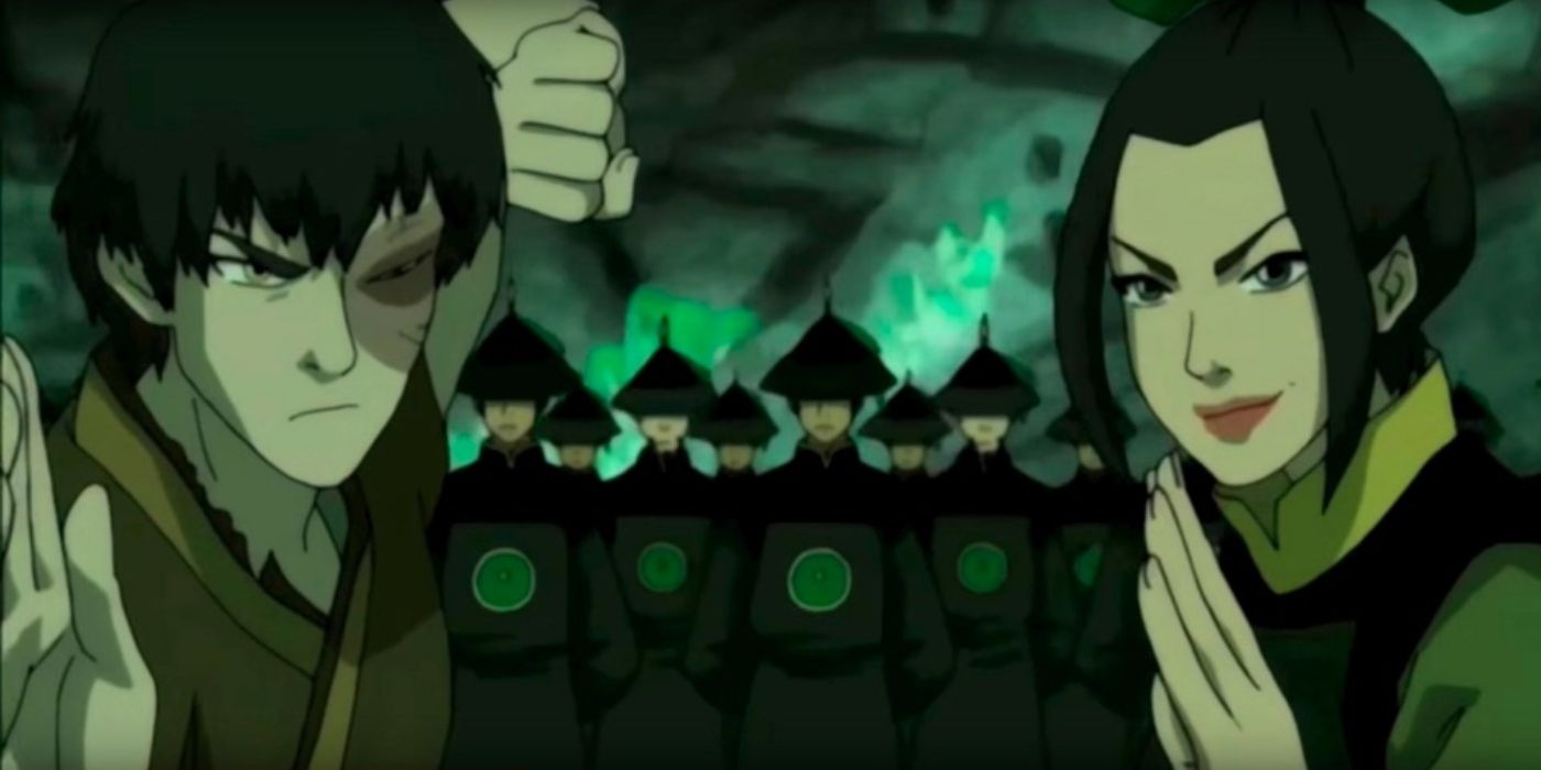 Zuko and Azula poised for a fight with soldiers behind them in Avatar the Last Airbender