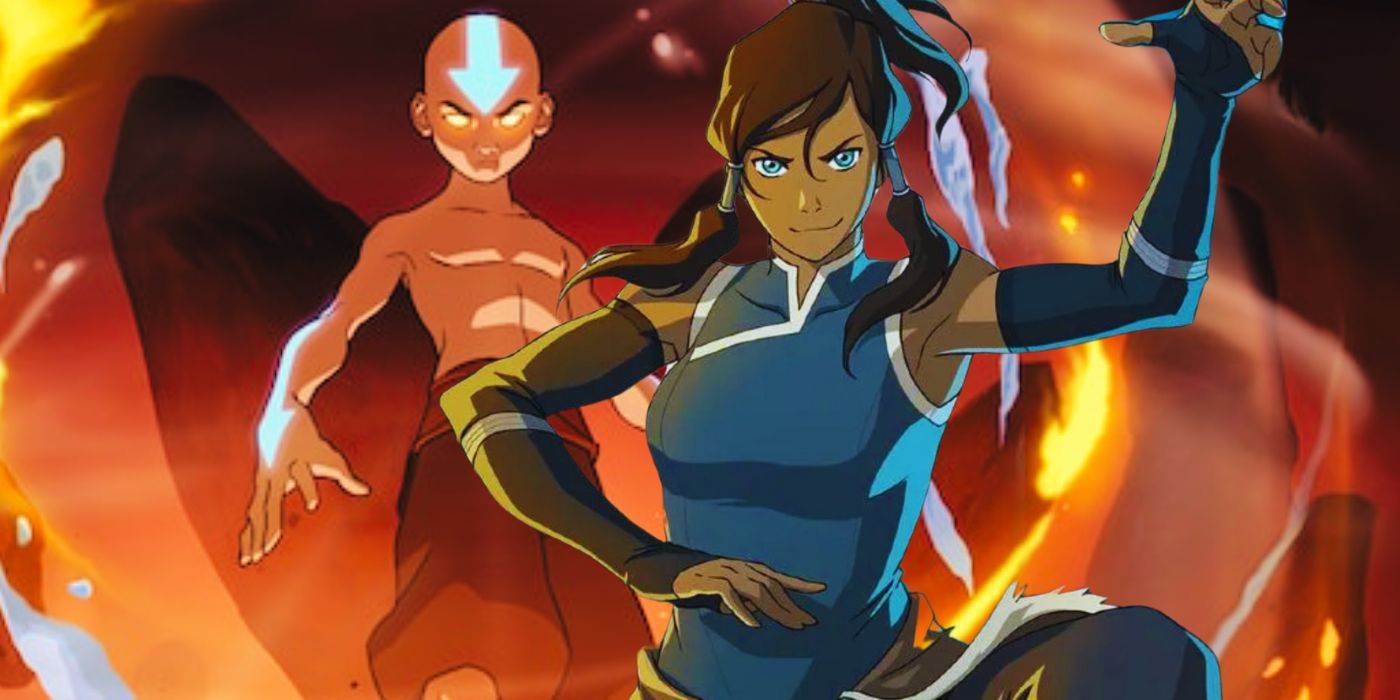 A blended image features Korra bending in front of Aang in the Avatar state from the Avatar: The Last Airbender and The Legend of Korra