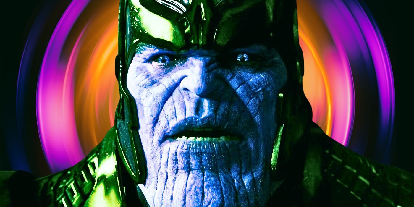 Josh Brolin looking shocked as Thanos against a purple and orange ringed background