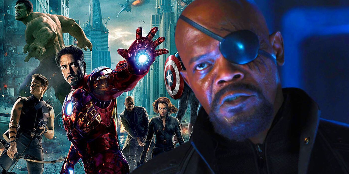 Split image of the poster for The Avengers (2012) and Samuel L Jackson as Nick Fury looking serious