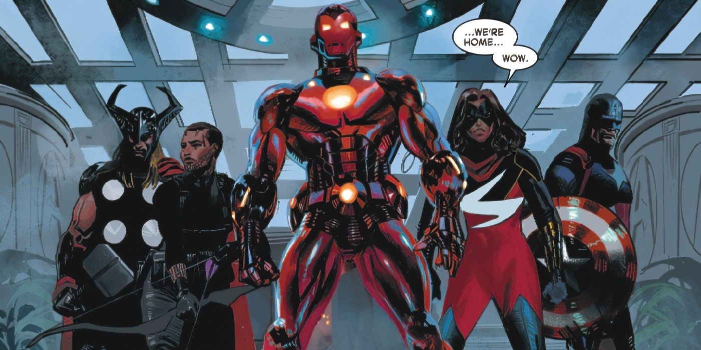 Avengers: Twilight's new Avengers roster, including Iron Man, Captain America, Hawkeye, Ms. Marvel, and Thor.