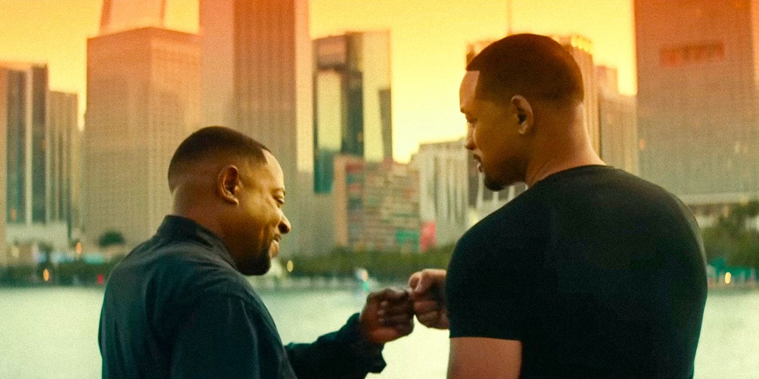 Mike Lowrey and Marcus Burnett fist bumping with Miami in the background in Bad Boys Ride or Die trailer