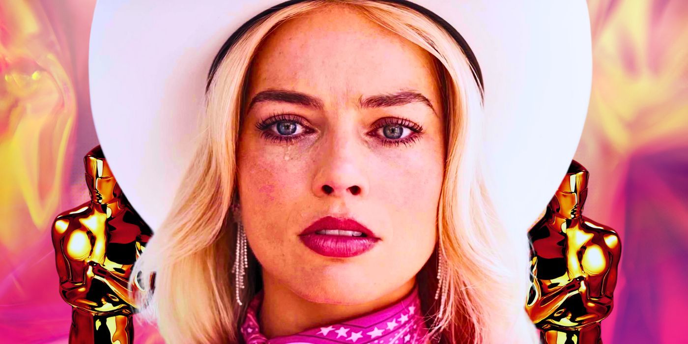 A custom image of Margot Robbie crying as Barbie against a backdrop of Oscars