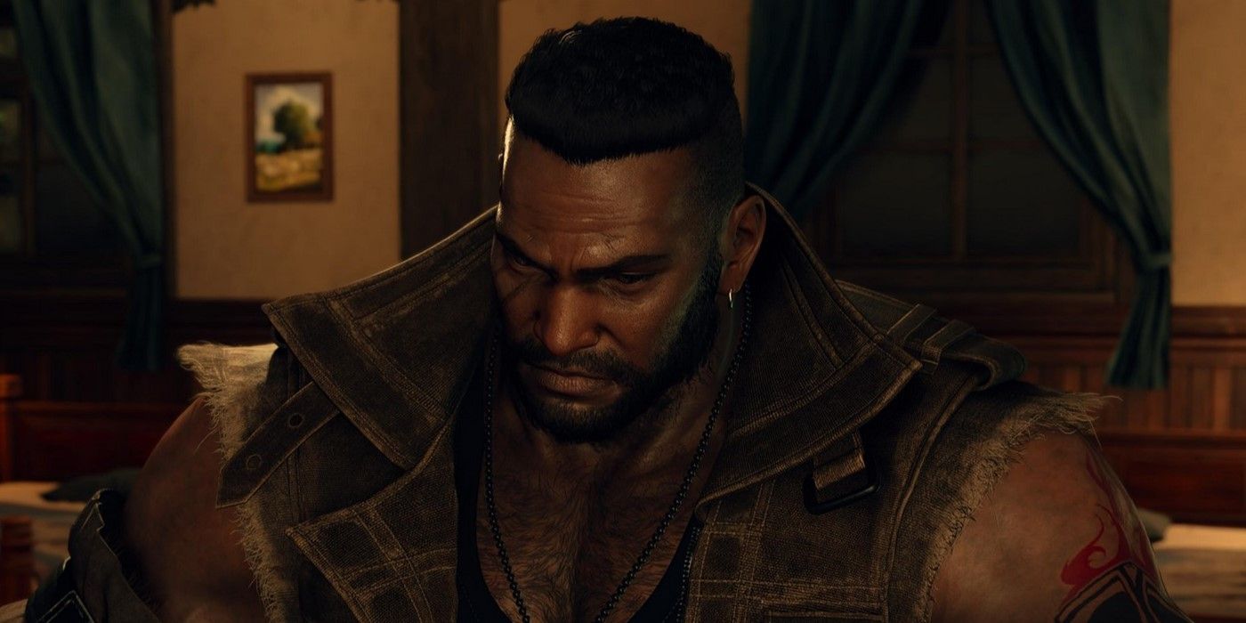 Barret de Final Fantasy 7 Rebirth sem óculos escuros, sentado.