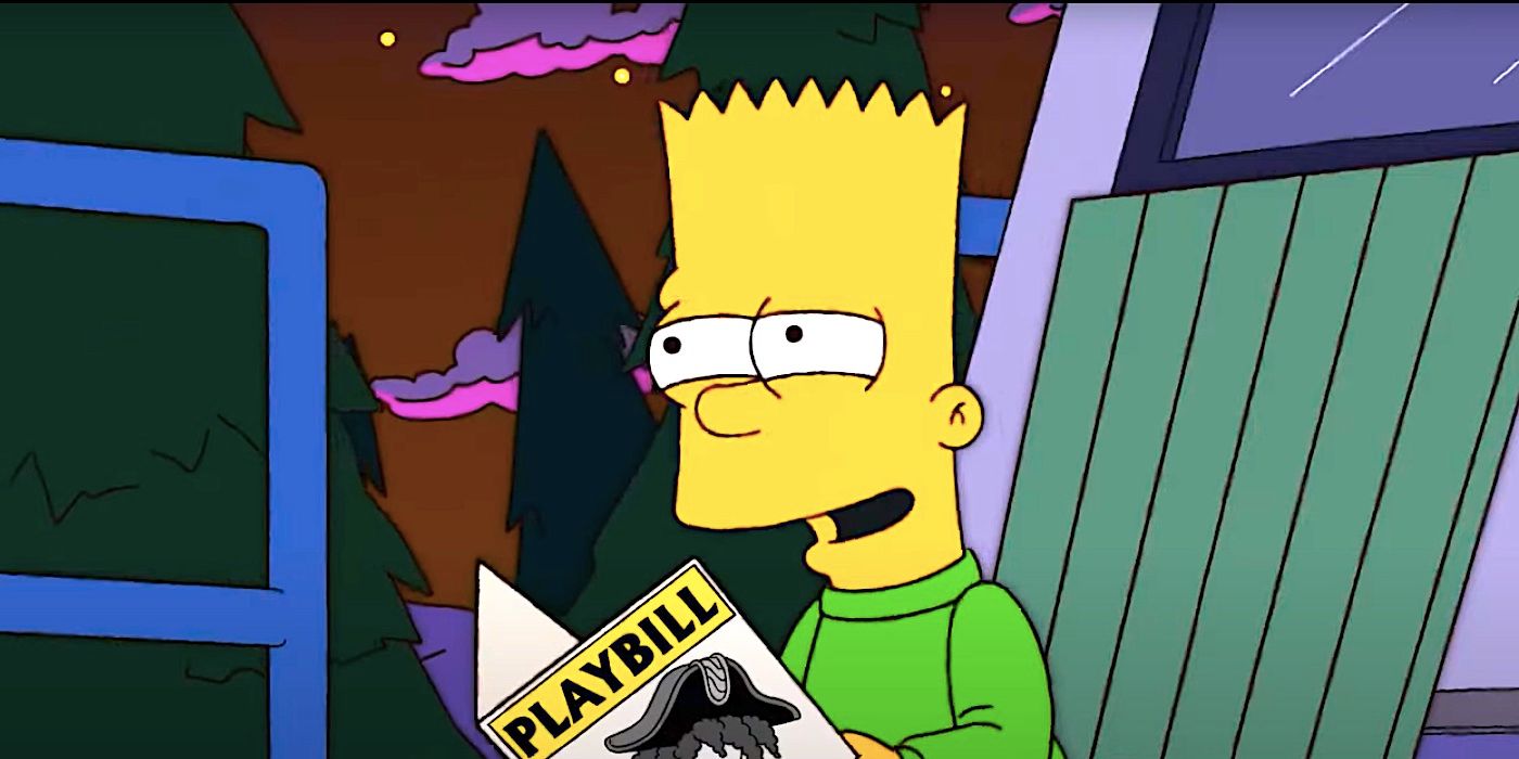 Bart laughing as he reads a playbill while sitting on a boat in The Simpsons season 35 episode 5