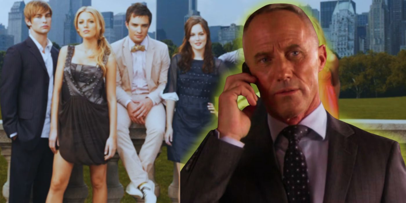 A composite image of Bart Bass over the cast of Gossip Girl